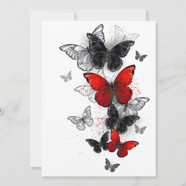 Flying Black and Red Morpho Butterflies Save The Date (Front)