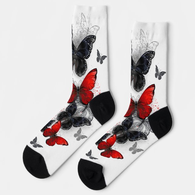 Flying Black and Red Morpho Butterflies Socks (Left)