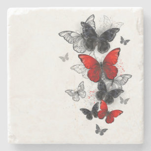 Flying Black and Red Morpho Butterflies Stone Coaster