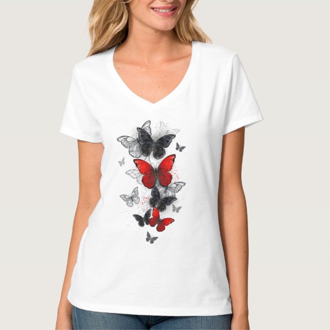 Flying Black and Red Morpho Butterflies T-Shirt (Front)