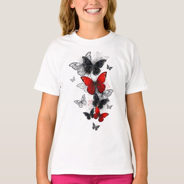Flying Black and Red Morpho Butterflies T-Shirt (Front)