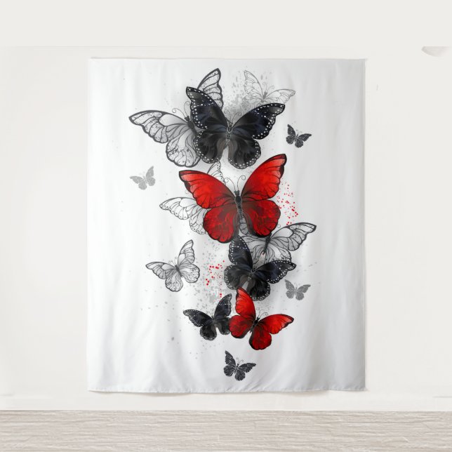 Flying Black and Red Morpho Butterflies Tapestry (Front)