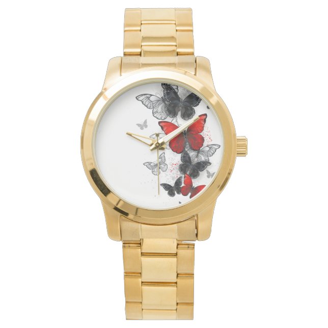 Flying Black and Red Morpho Butterflies Watch (Front)