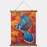 Flying Blue Jay Red Autumn Leaves Art