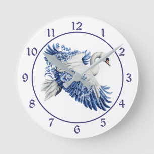 Flying Blue Swan Floral Round Clock