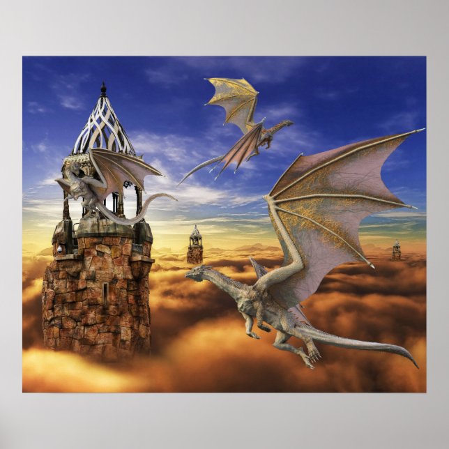 Flying Bronze Dragon Fantasy Sky Poster (Front)