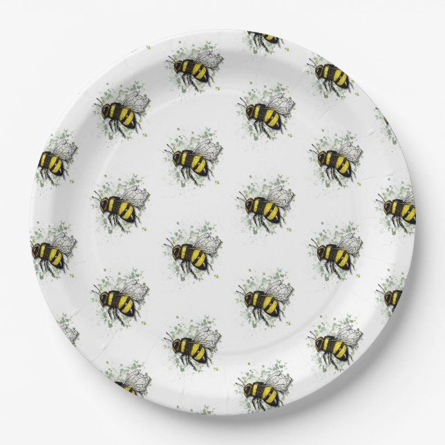 Flying Bumble BEE, Freehand Digital Drawing Insect Paper Plate (Front)