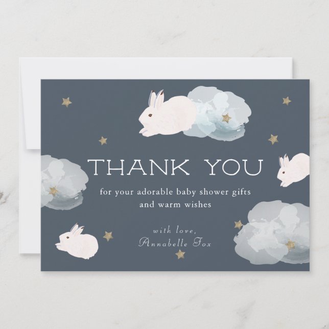 Flying Bunny Star & Cloud Navy Blue Thank You Card (Front)