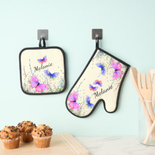 Flying Butterflies Custom Name Personalised Oven Mitt & Pot Holder Set