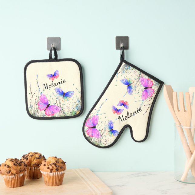 Flying Butterflies Custom Name Personalised Oven Mitt & Pot Holder Set (Insitu(Hanging))