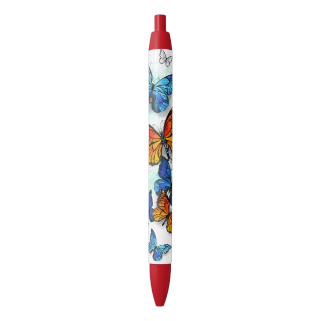 Flying Butterflies Morpho and Monarch Black Ink Pen (Front Vertical)
