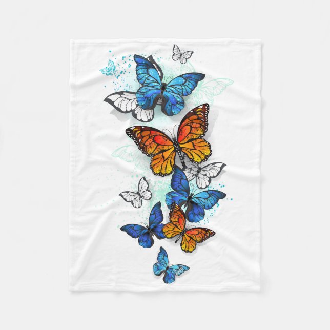 Flying Butterflies Morpho and Monarch Fleece Blanket (Front)