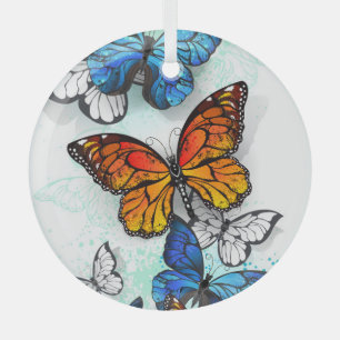 Flying Butterflies Morpho and Monarch Glass Tree Decoration