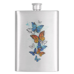 Flying Butterflies Morpho and Monarch Hip Flask