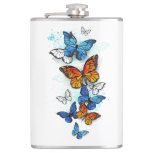 Flying Butterflies Morpho and Monarch Hip Flask