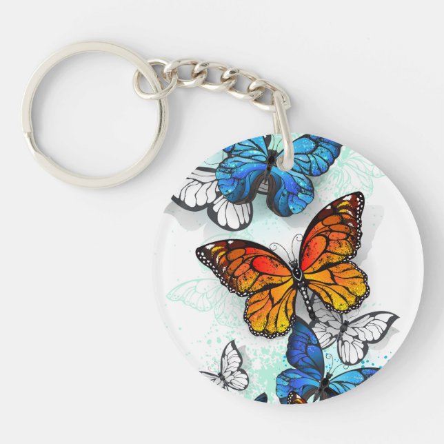 Flying Butterflies Morpho and Monarch Key Ring (Front)