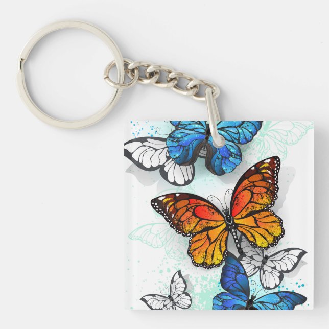Flying Butterflies Morpho and Monarch Key Ring (Front)
