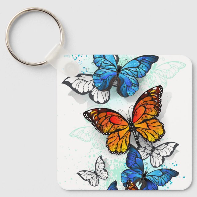Flying Butterflies Morpho and Monarch Key Ring (Front)