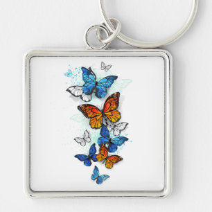 Flying Butterflies Morpho and Monarch Key Ring