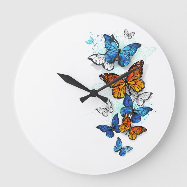 Flying Butterflies Morpho and Monarch Large Clock (Front)