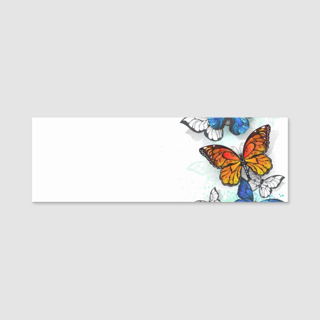 Flying Butterflies Morpho and Monarch Name Tag (Front)