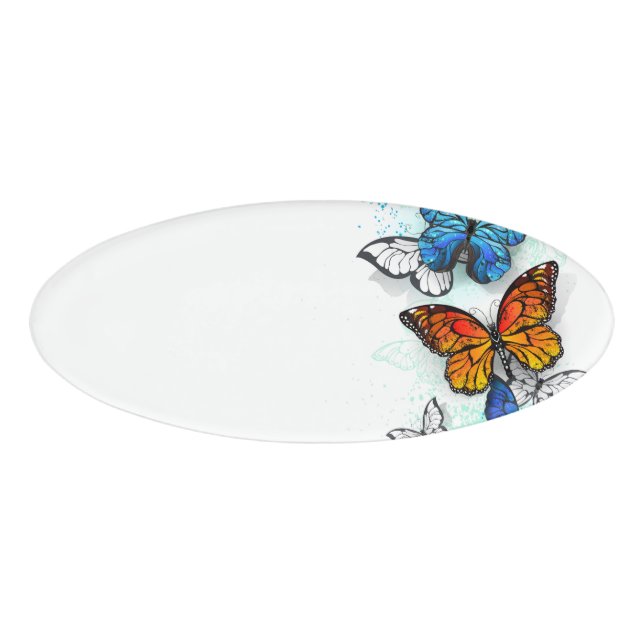 Flying Butterflies Morpho and Monarch Name Tag (Front)