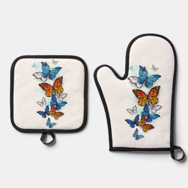Flying Butterflies Morpho and Monarch Oven Mitt & Pot Holder Set (Front)