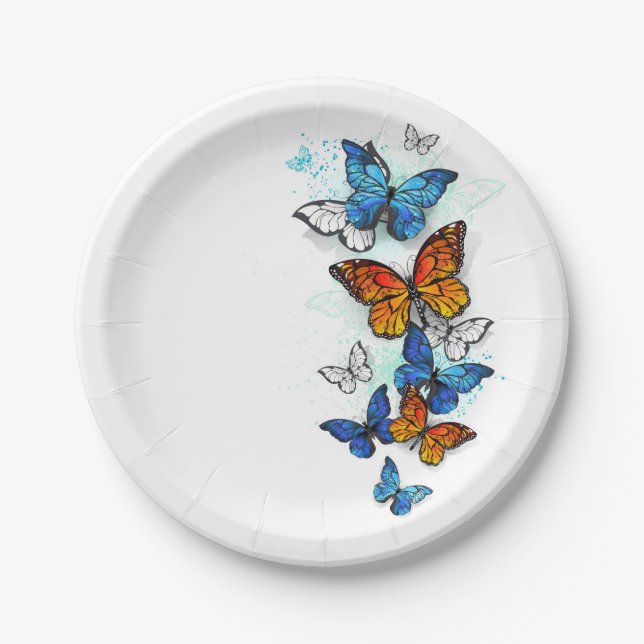 Flying Butterflies Morpho and Monarch Paper Plate (Front)