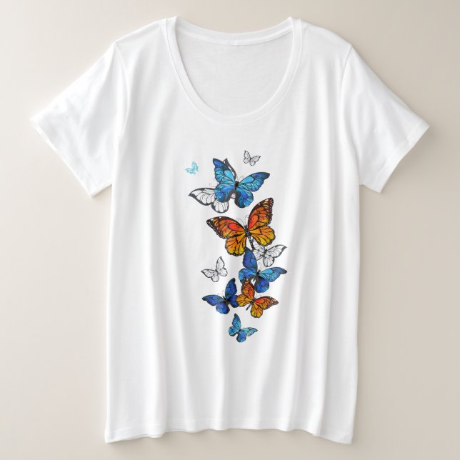 Flying Butterflies Morpho and Monarch Plus Size T-Shirt (Design Front)