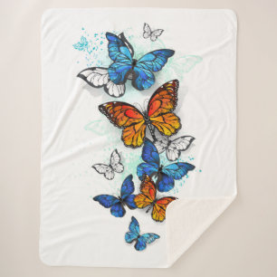 Flying Butterflies Morpho and Monarch Sherpa Blanket