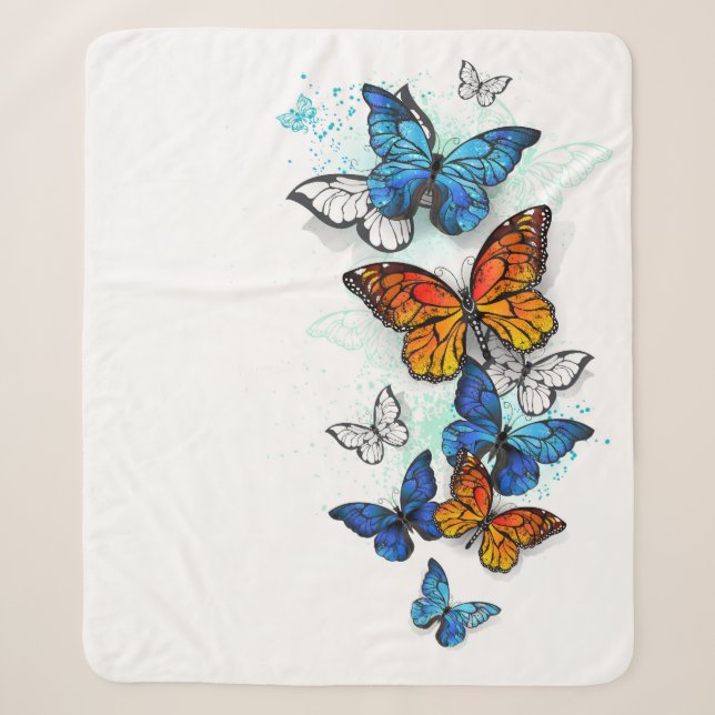 Flying Butterflies Morpho and Monarch Sherpa Blanket (Front)