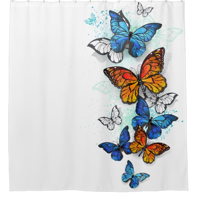 Flying Butterflies Morpho and Monarch Shower Curtain (Front)
