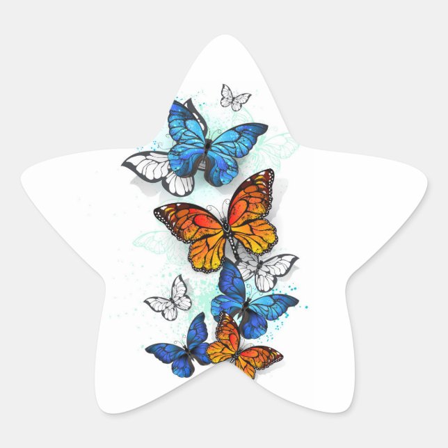 Flying Butterflies Morpho and Monarch Star Sticker (Front)