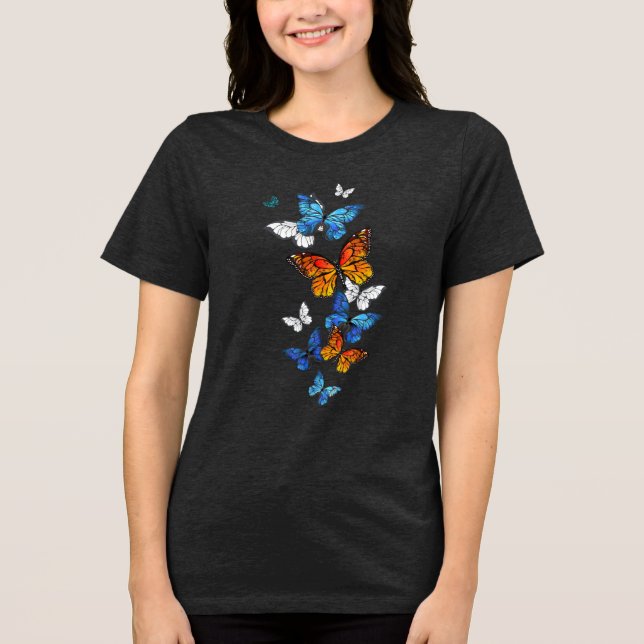Flying Butterflies Morpho and Monarch Tri-Blend Shirt (Front)