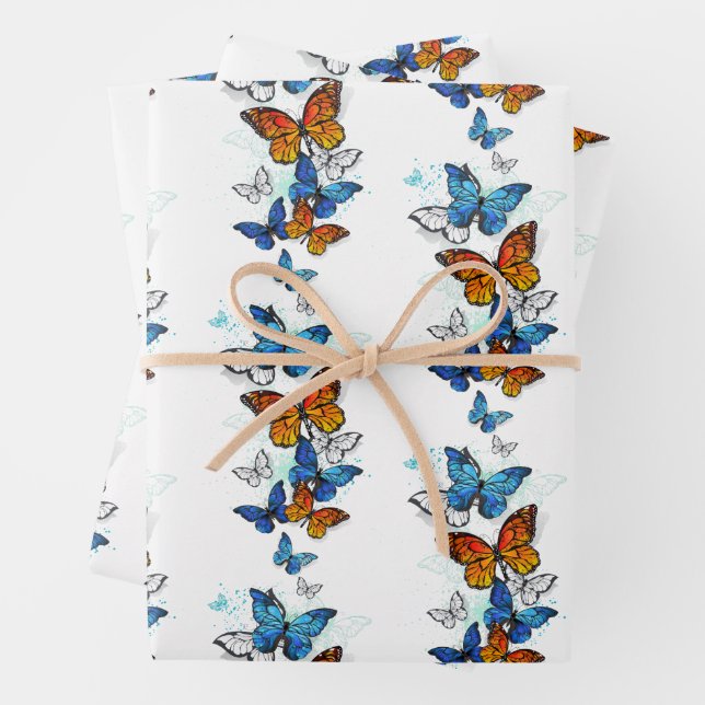 Flying Butterflies Morpho and Monarch Wrapping Paper Sheet (In situ)