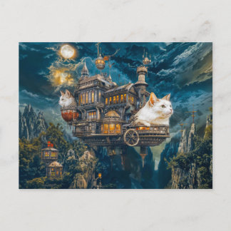 Flying castle cats Steampunk night Postcard