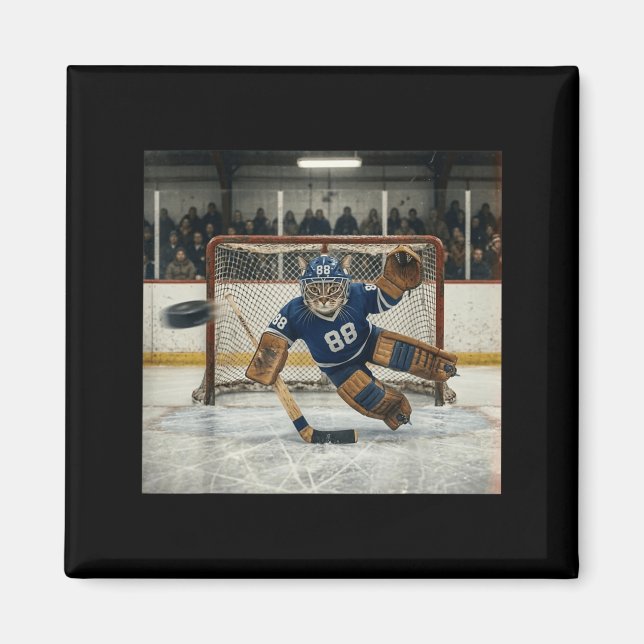 Flying Cat Goalie Funny Ice Hockey Kitty Blocking Magnet (Front)
