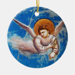 FLYING CHRISTMAS ANGEL IN BLUE SKY, FLORAL CROWN CERAMIC TREE DECORATION