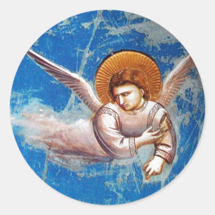 FLYING CHRISTMAS ANGEL IN BLUE SKY, HOLIDAY PARTY CLASSIC ROUND STICKER