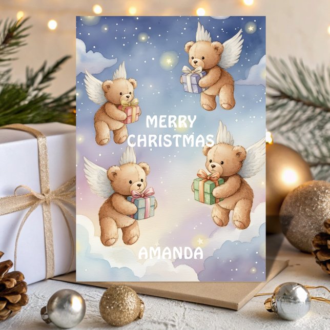 Flying Christmas Teddy Bears Kids Card (Creator Uploaded)