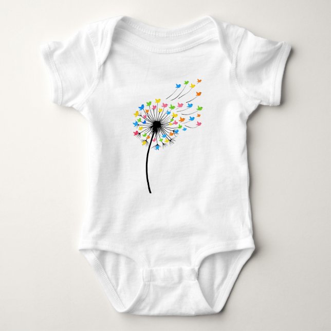 Flying colorful birds dandelion flow baby bodysuit (Front)