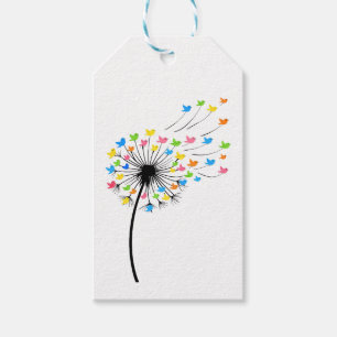 Flying colorful birds dandelion flow gift tags
