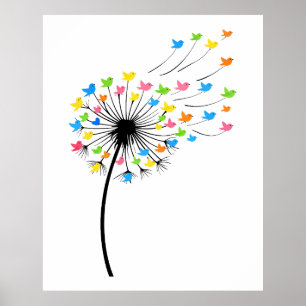 Flying colorful birds dandelion flow poster