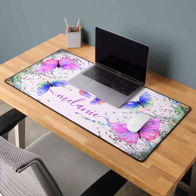 Flying Colourful Butterflies Custom Name Desk Mat (Office 2)