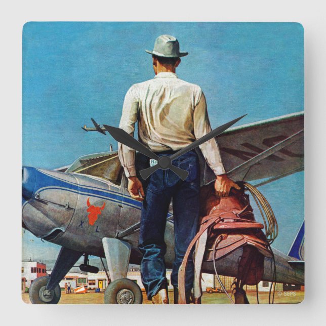 Flying Cowboy by Mead Schaeffer Square Wall Clock (Front)