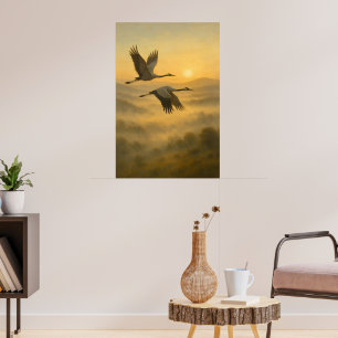 Flying Cranes at Sunset – Serene Nature Wall Art