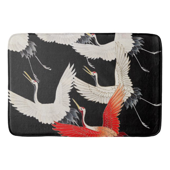 Flying Cranes: Japanese Bird Kimono Art Bath Mat (Front)