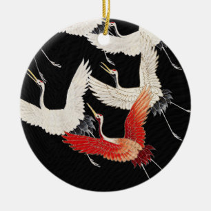 Flying Cranes Japanese Bird Kimono Art Ceramic Tree Decoration