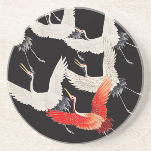 Flying Cranes: Japanese Bird Kimono Art Coaster