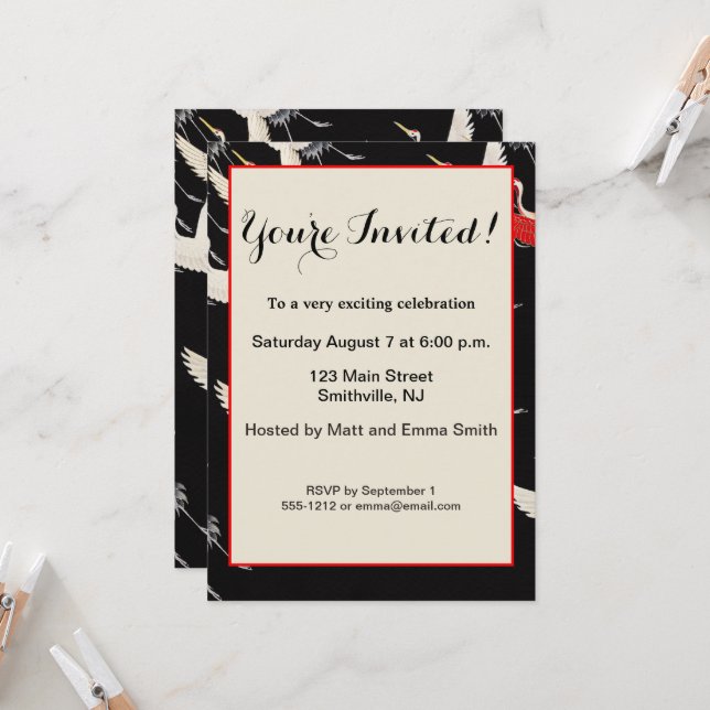 Flying Cranes: Japanese Bird Kimono Art Invitation (Front/Back In Situ)